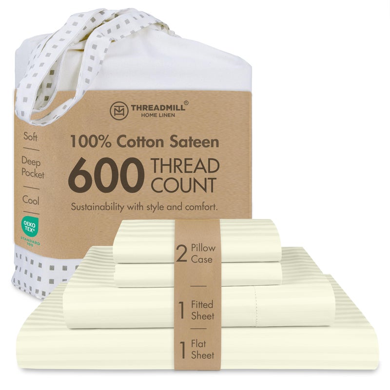 Threadmill 100% Cotton Sheets for Full Size Bed - 600 Thread Count Full Bed Sheets Set with 16â€ Deep Pocket - Damask Stripe Sateen Weave 4-Piece Bedding Set with Cooling Effect, Ivory - Image 1